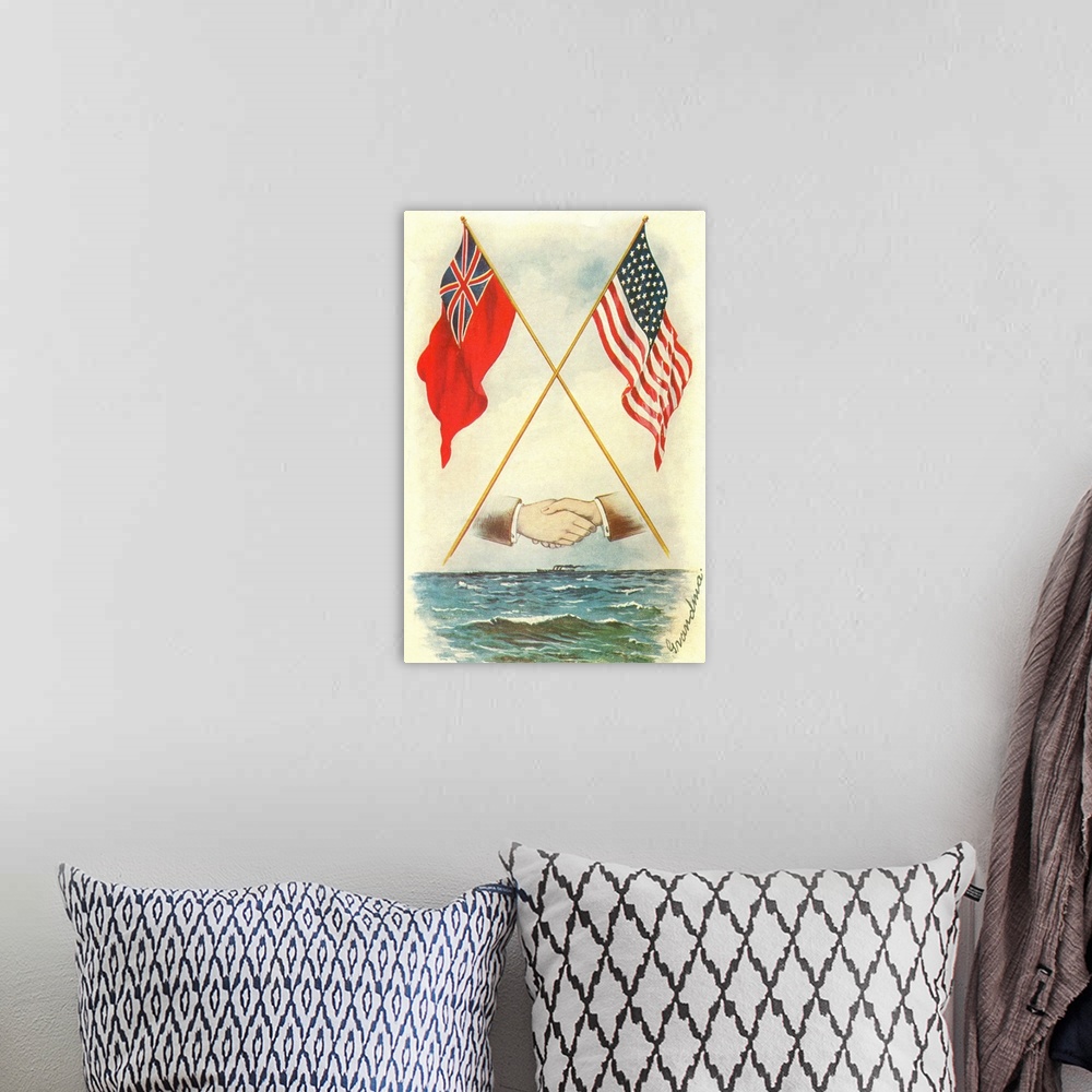 A bohemian room featuring Postcard of Handshake and Flags Across the Ocean