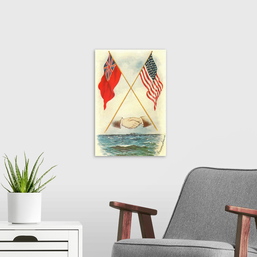 A modern room featuring Postcard of Handshake and Flags Across the Ocean