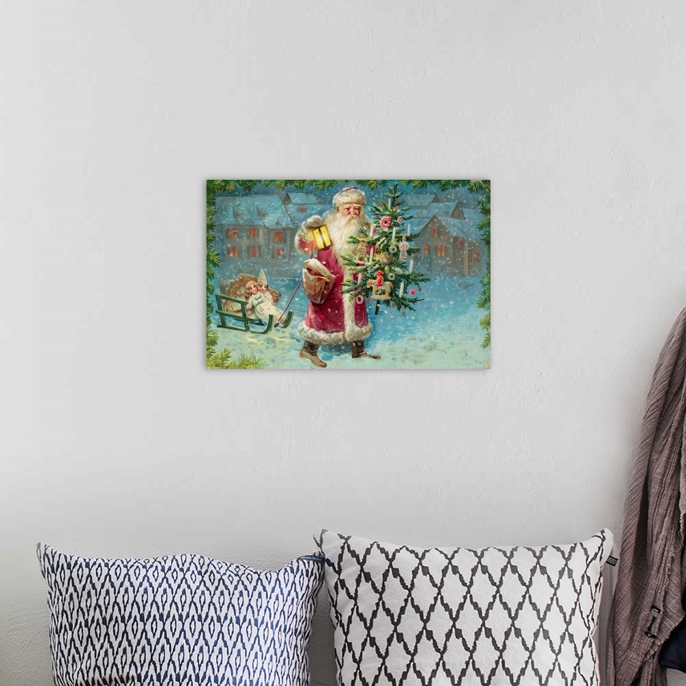 A bohemian room featuring Postcard With Santa Claus Holding A Christmas Tree