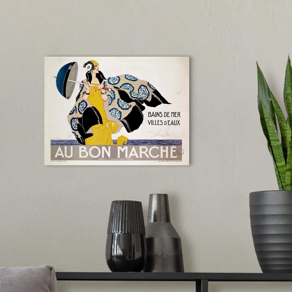 A modern room featuring Poster advertising the Department stores Au Bon Marche for articles of the Sea swimming and Spas,...