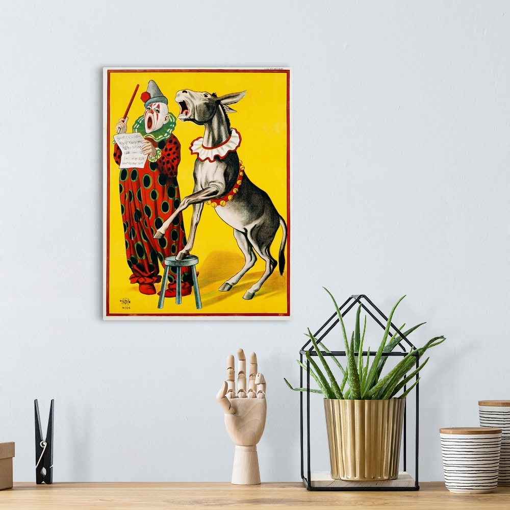 A bohemian room featuring Poster Depicting A Clown And Donkey Singing