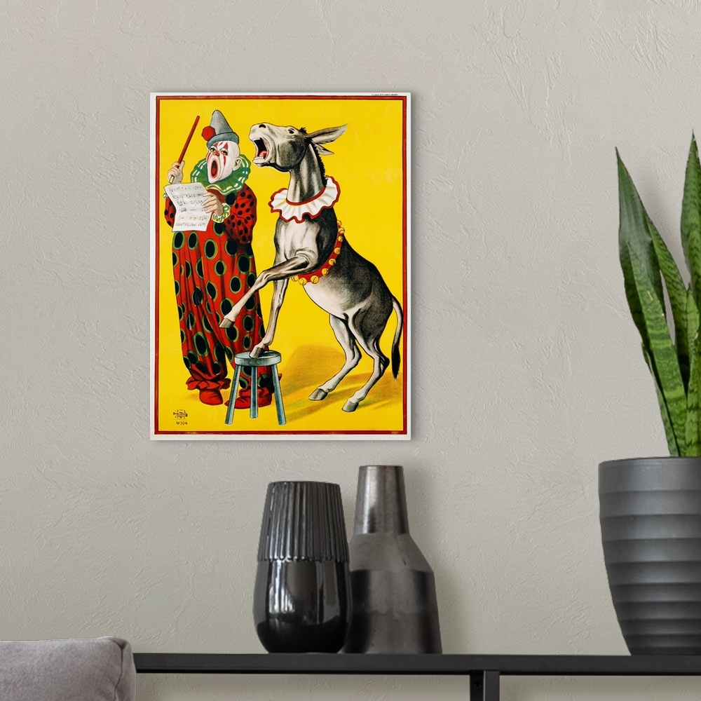 A modern room featuring Poster Depicting A Clown And Donkey Singing