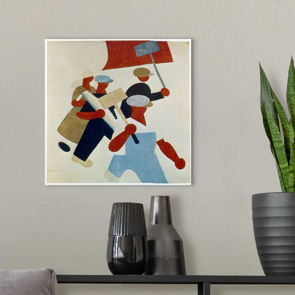 A modern room featuring Poster depicting marching protestors during Russian Revolution