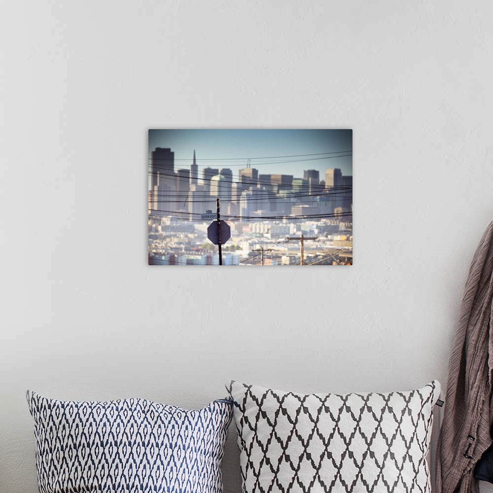 A bohemian room featuring Power line  with skyscrapers, Potrero Hill, San Francisco