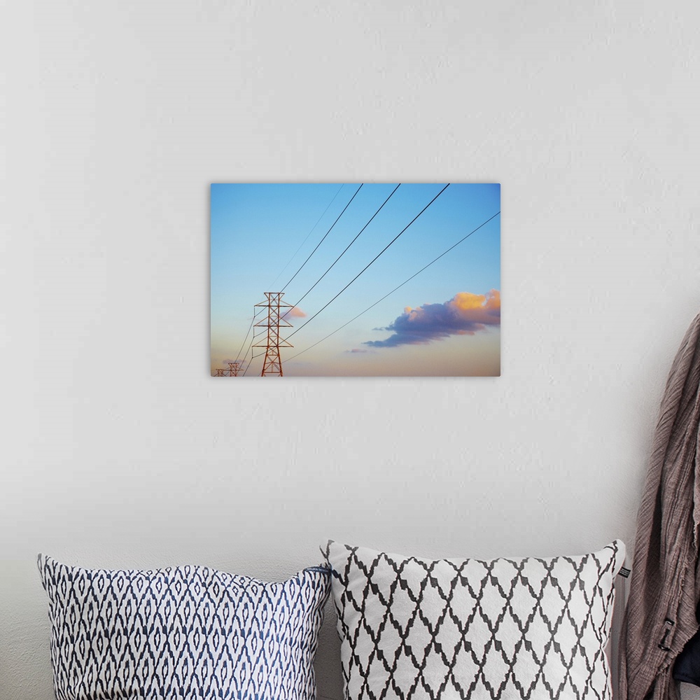 A bohemian room featuring Power lines and blue sky with clouds