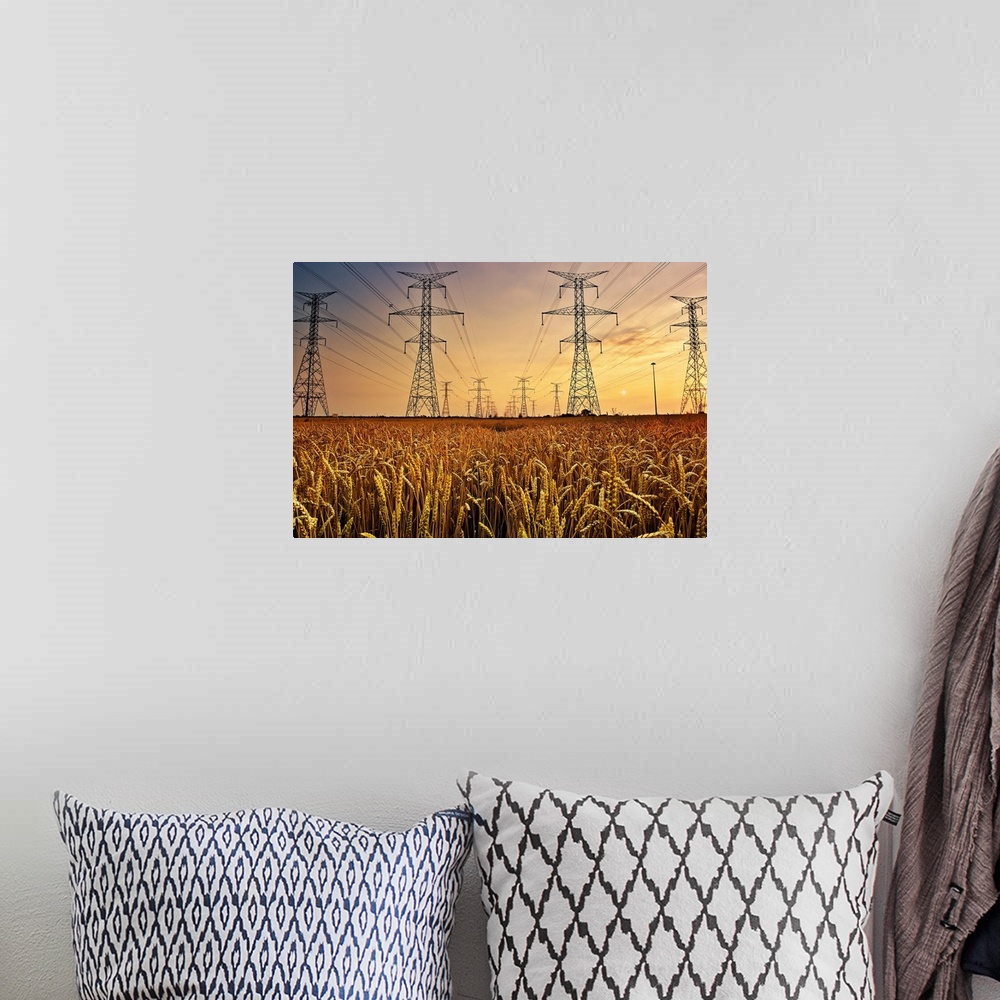 A bohemian room featuring Power lines at sunset.