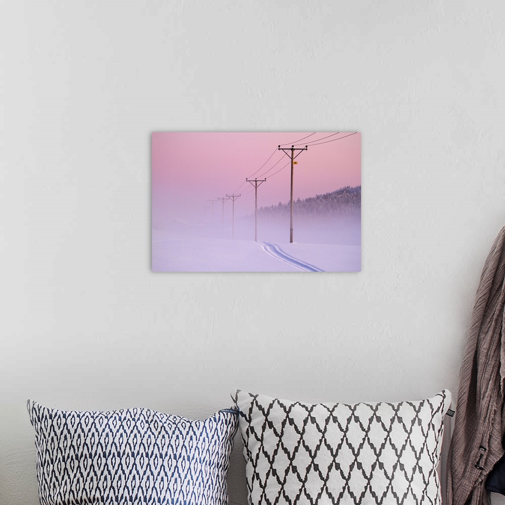 A bohemian room featuring Powerlines old pink sky, foggy snow track woods, misty, winter, purple sunset.