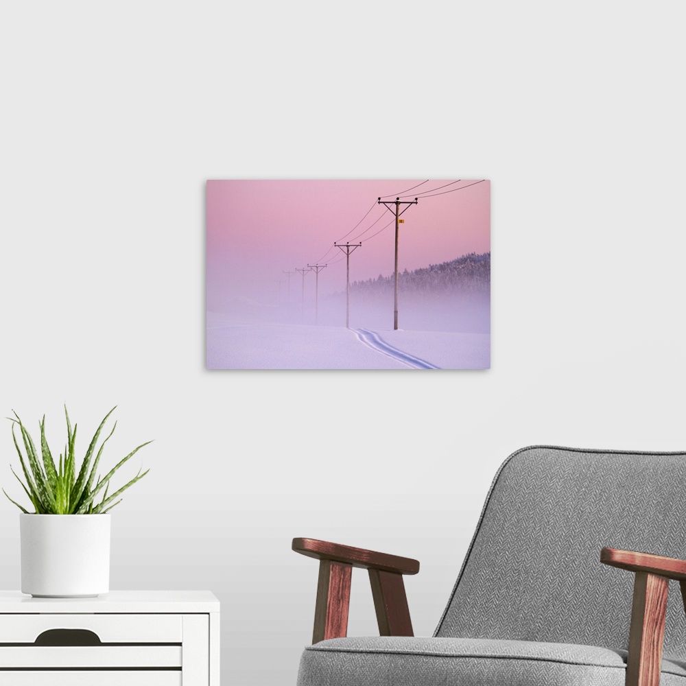 A modern room featuring Powerlines old pink sky, foggy snow track woods, misty, winter, purple sunset.