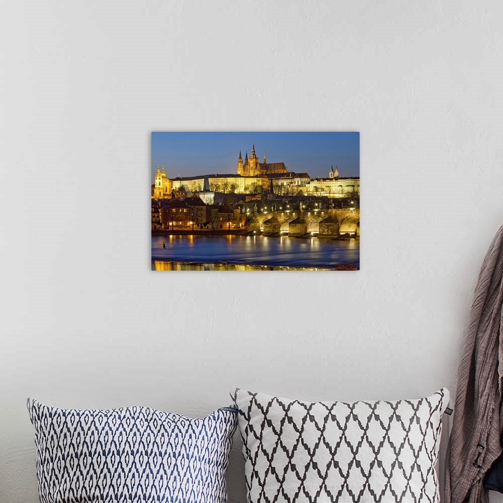A bohemian room featuring Prague - Charles Bridge, Hradcany Castle, St. Vitus Cathedral at dusk.