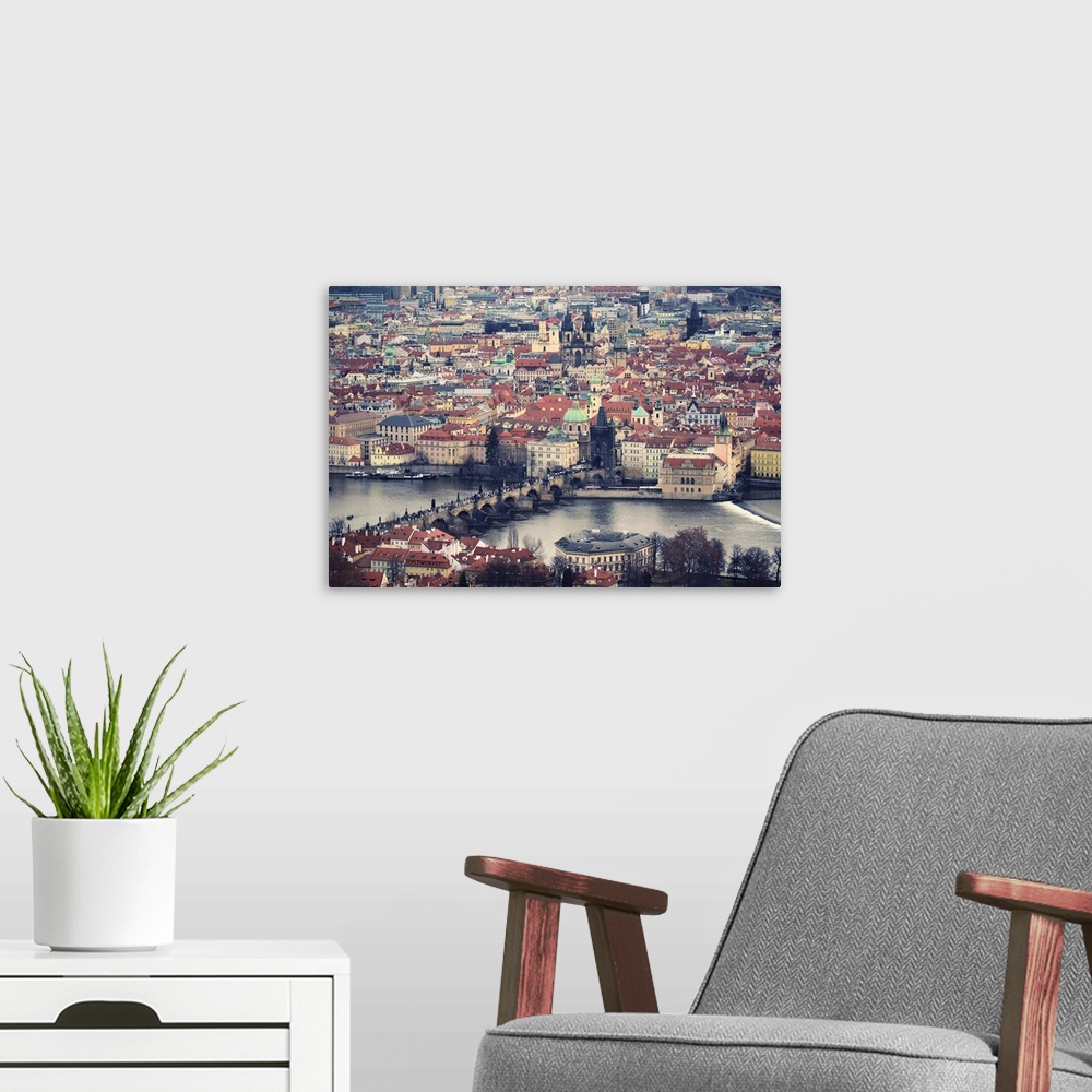 A modern room featuring Prague skyline city.