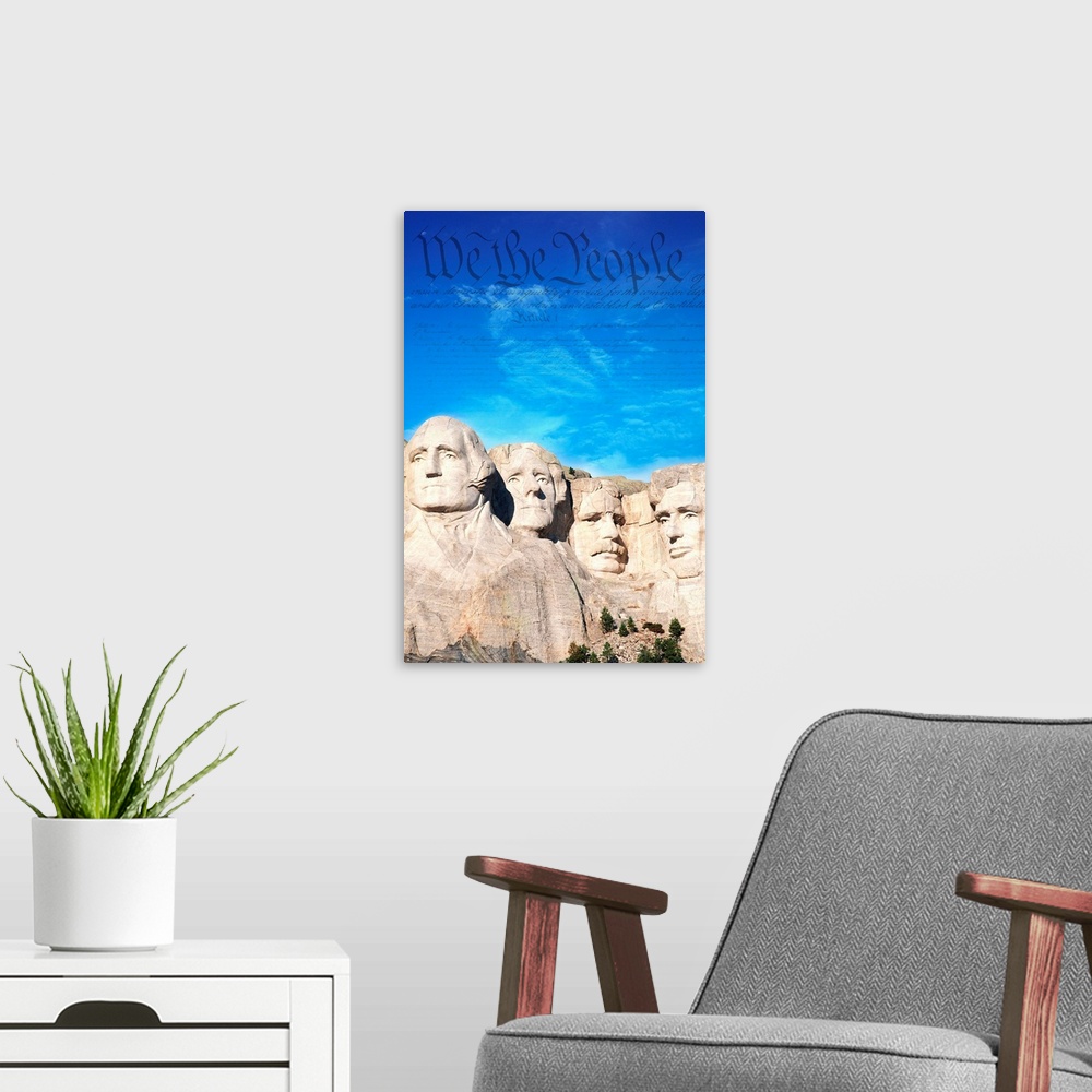 A modern room featuring Preamble to the Constitution of the United States of America in the sky above Mount Rushmore Memo...
