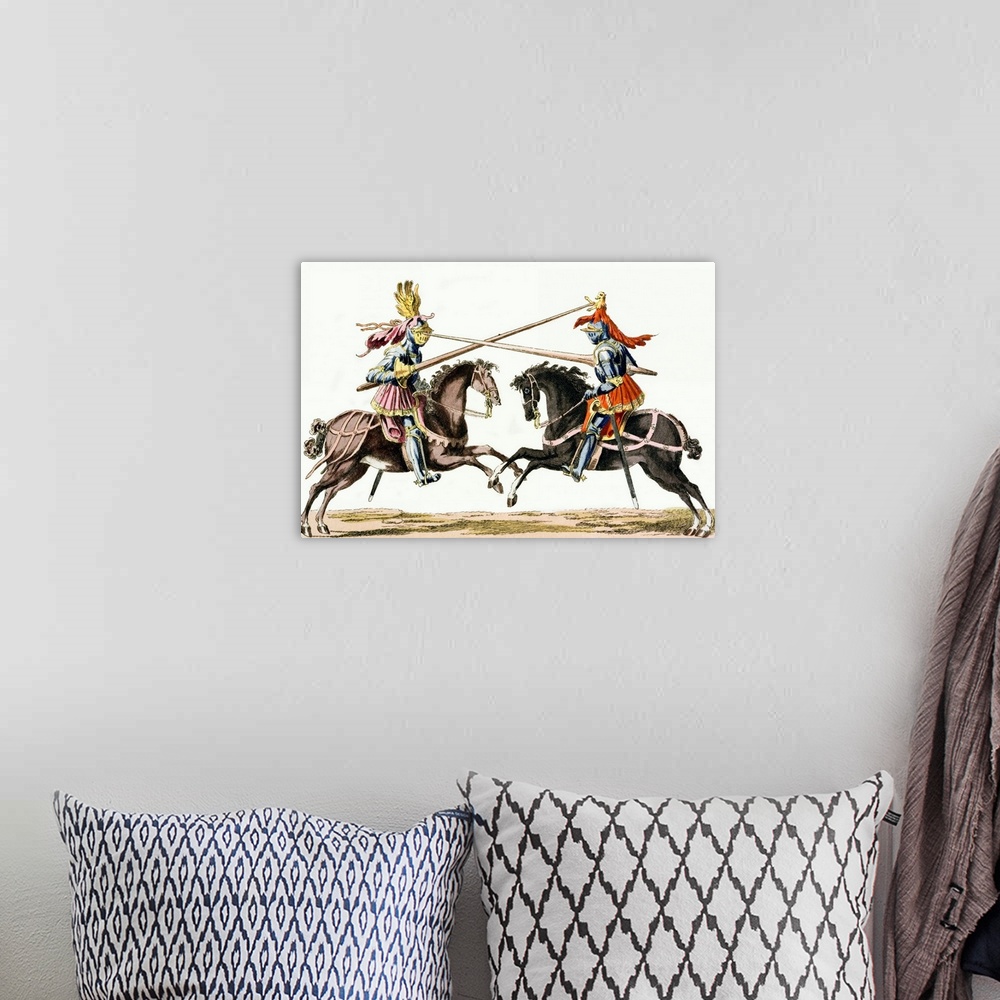 A bohemian room featuring An 18th-century print of medieval knights on horseback in combat with lances.