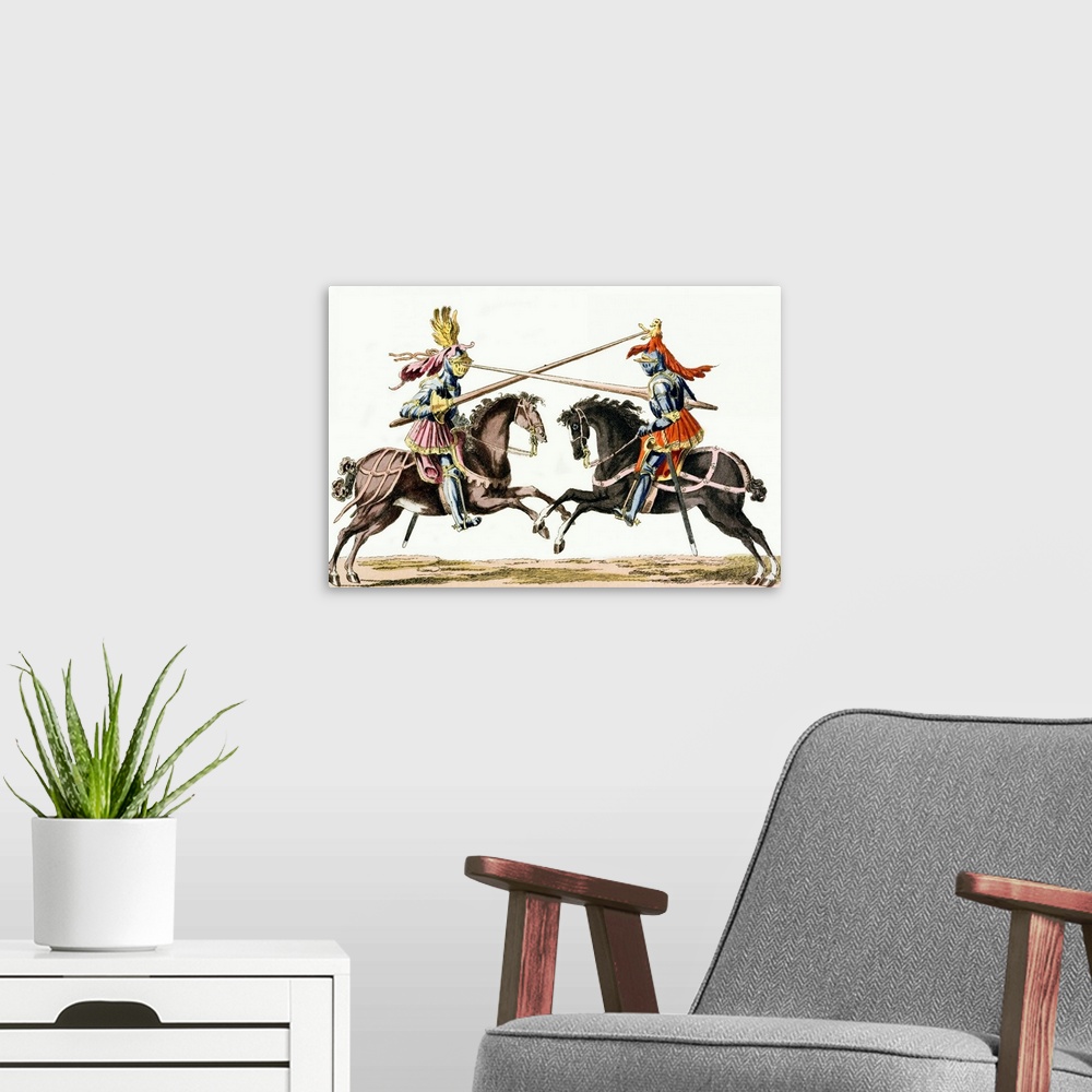 A modern room featuring An 18th-century print of medieval knights on horseback in combat with lances.