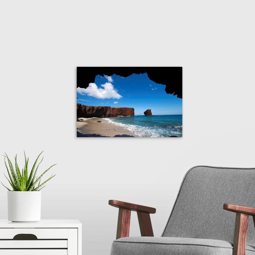 A modern room featuring Shark's Cove and Pu'u Pehe Rock also known as Sweetheart Rock, Lanai, Hawaii MR