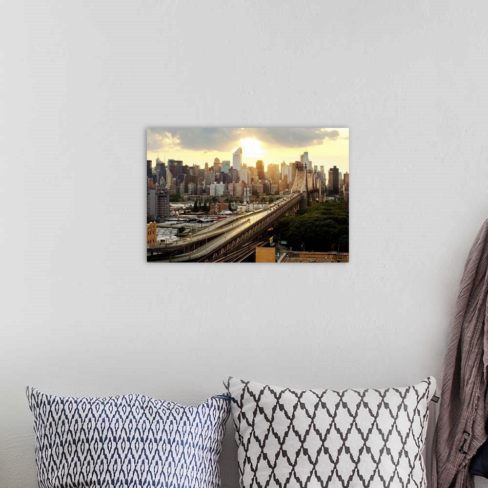 A bohemian room featuring Queensboro Bridge Queens, New York. Midtown manahttan skyline.
