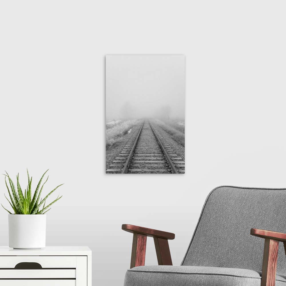 A modern room featuring Railroad tracks fade into the morning fog