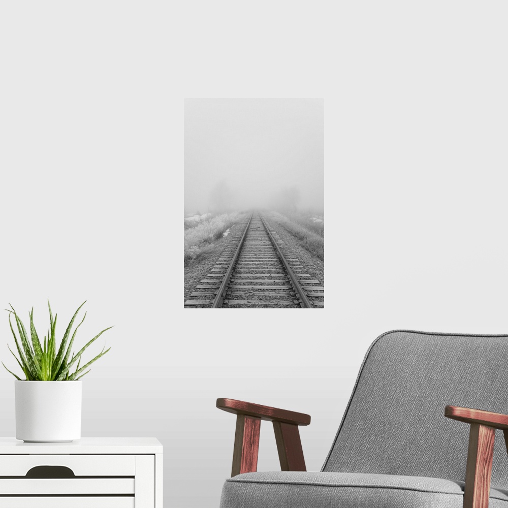 A modern room featuring Railroad tracks fade into the morning fog