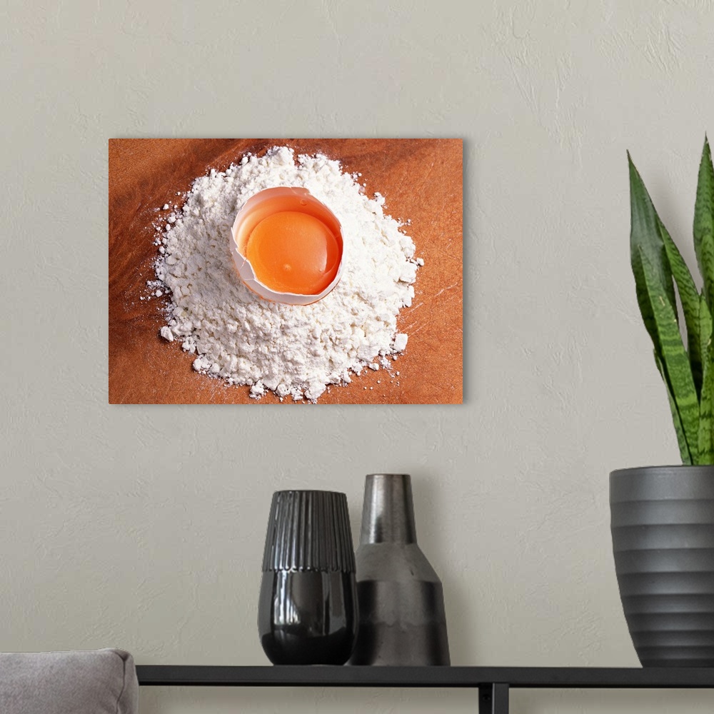 A modern room featuring Raw egg sitting on wheat flour