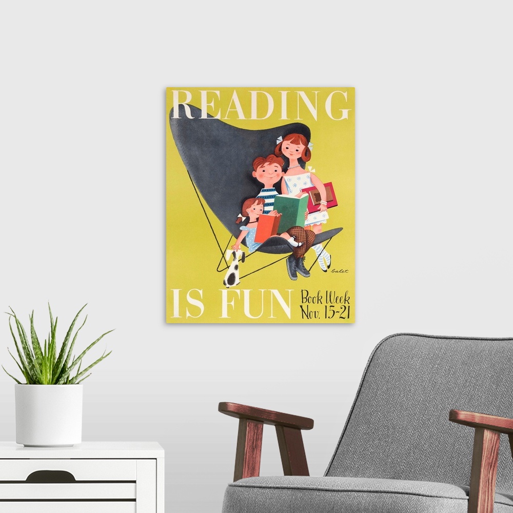 A modern room featuring A poster for National Book Week.