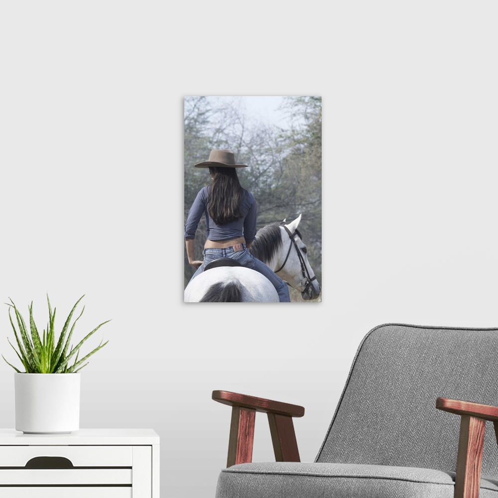 A modern room featuring Rear View Of A Woman Riding A Horse