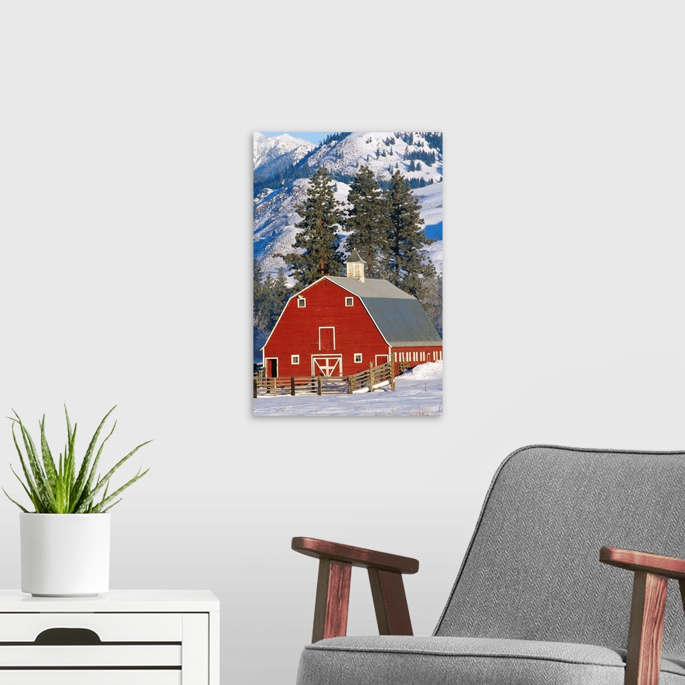 A modern room featuring Red Barn In Winter