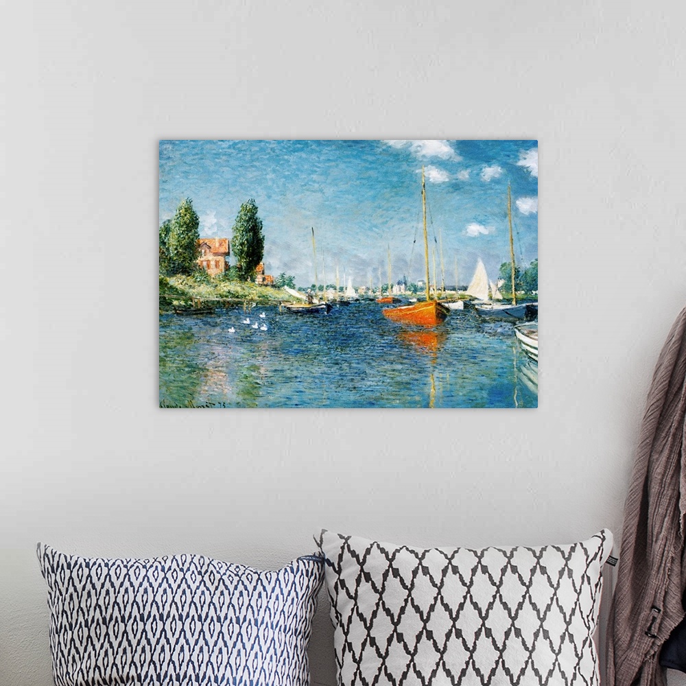 A bohemian room featuring Red Boats, Argenteuil By Claude Monet