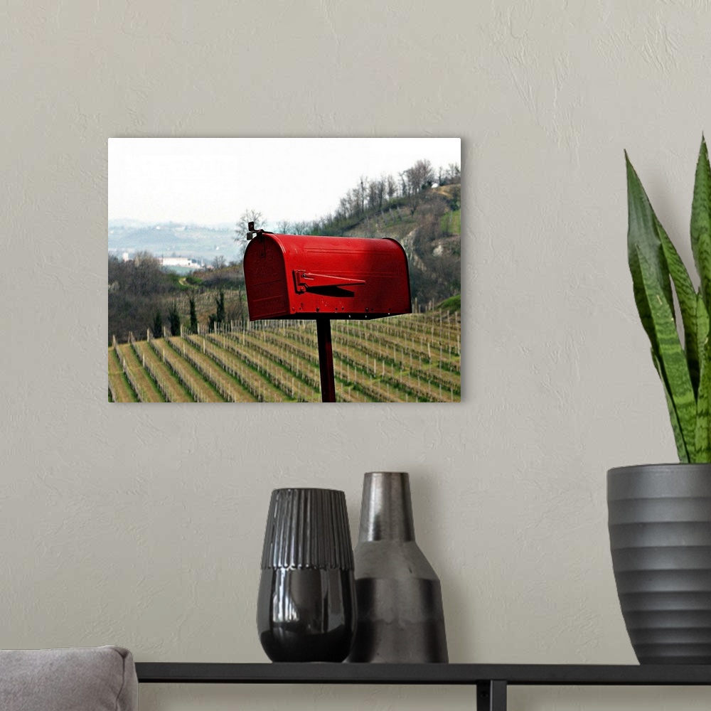A modern room featuring A red mail box on the background of a vineyard in Piedmont, Italy.