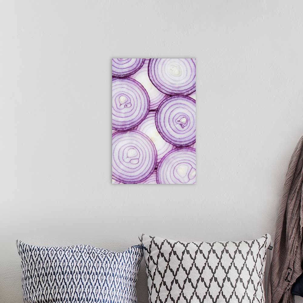 A bohemian room featuring Full frame of sliced red onion, on white background