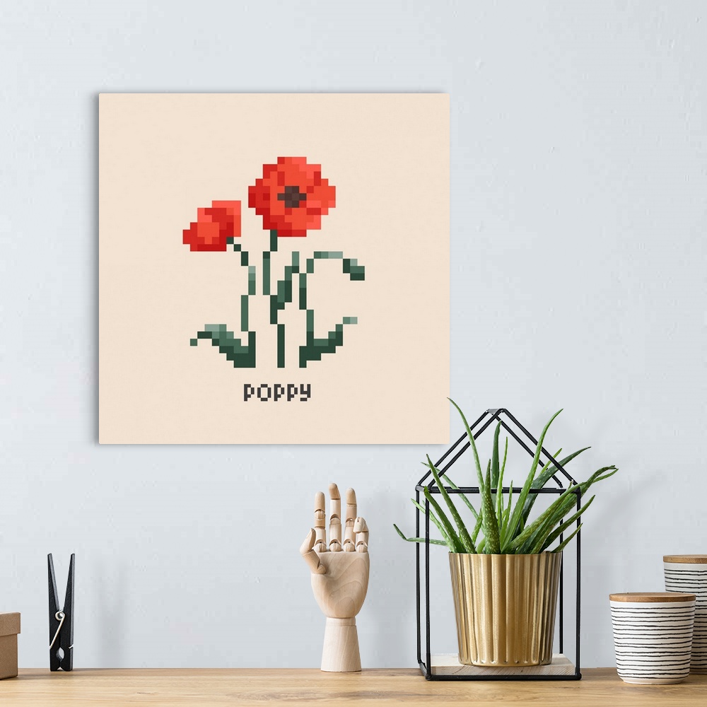 A bohemian room featuring Red Poppy Pixel Art