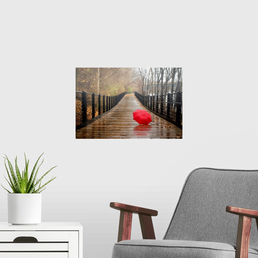 A modern room featuring Open red umbrella abandon on a wet nature trail with light rain and fog in the autumn.