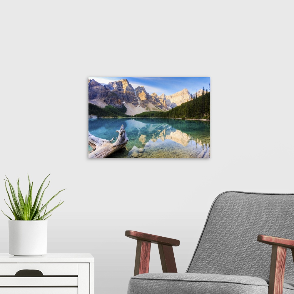 A modern room featuring Moraine Lake and reflections in the Valley of the Ten Peaks, Lake Louise, Banff National Park, Al...