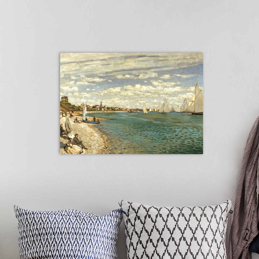 A bohemian room featuring Regatta At Sainte-Adresse By Claude Monet