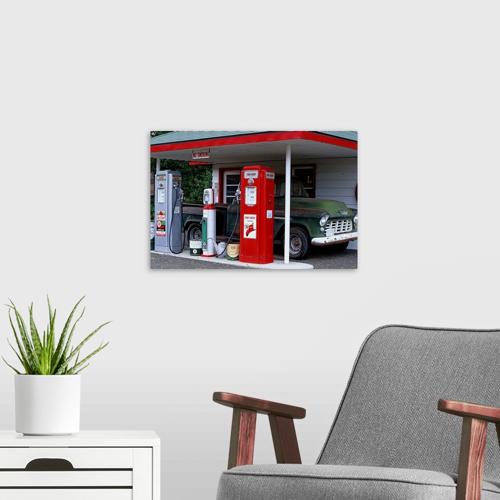 A modern room featuring Reproduction Texaco Gas Station and Chevrolet Pickup