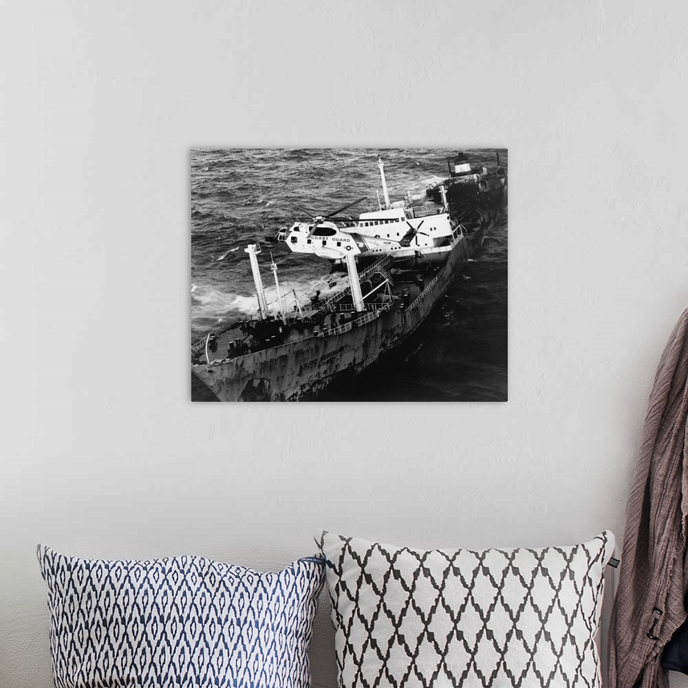A bohemian room featuring A Sikorsky HH-3F Pelican hovers over the Argo Merchant oil tanker during a rescue operation. The ...