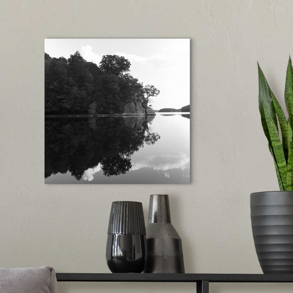 A modern room featuring Reservoir reflection, Connecticut. Black and white image.