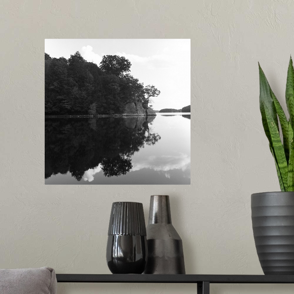 A modern room featuring Reservoir reflection, Connecticut. Black and white image.