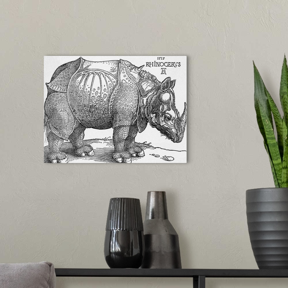 A modern room featuring Drawing of a rhinoceros by Albrecht Durer, c. 1515. BPA2