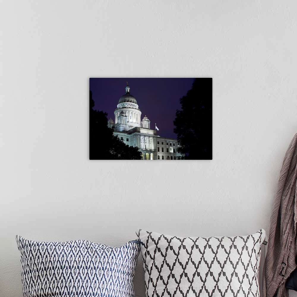 A bohemian room featuring USA, Rhode Island, Providence, State Capitol building on rainy spring evening