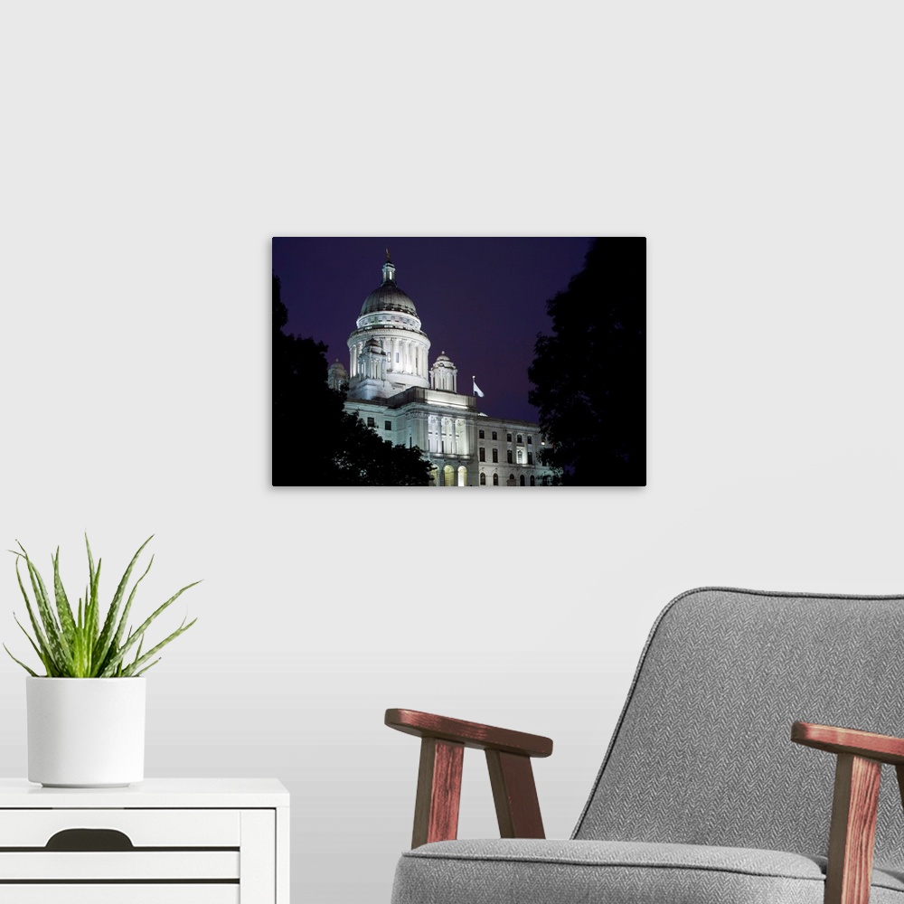 A modern room featuring USA, Rhode Island, Providence, State Capitol building on rainy spring evening
