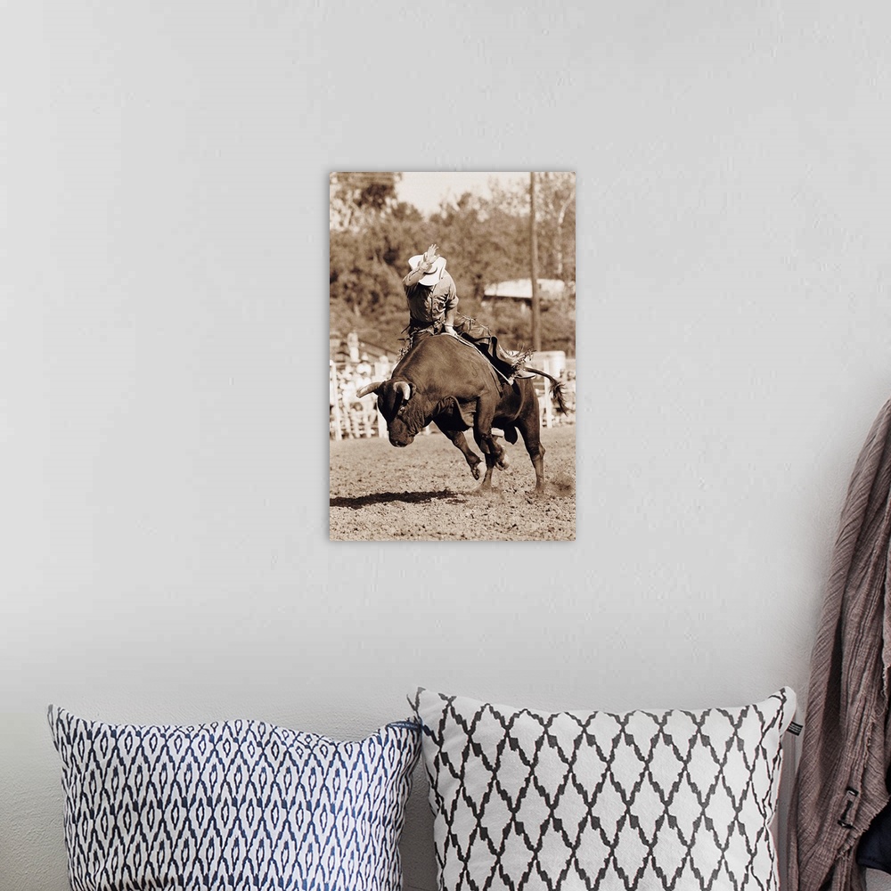 A bohemian room featuring Rider about to fall off bucking bull