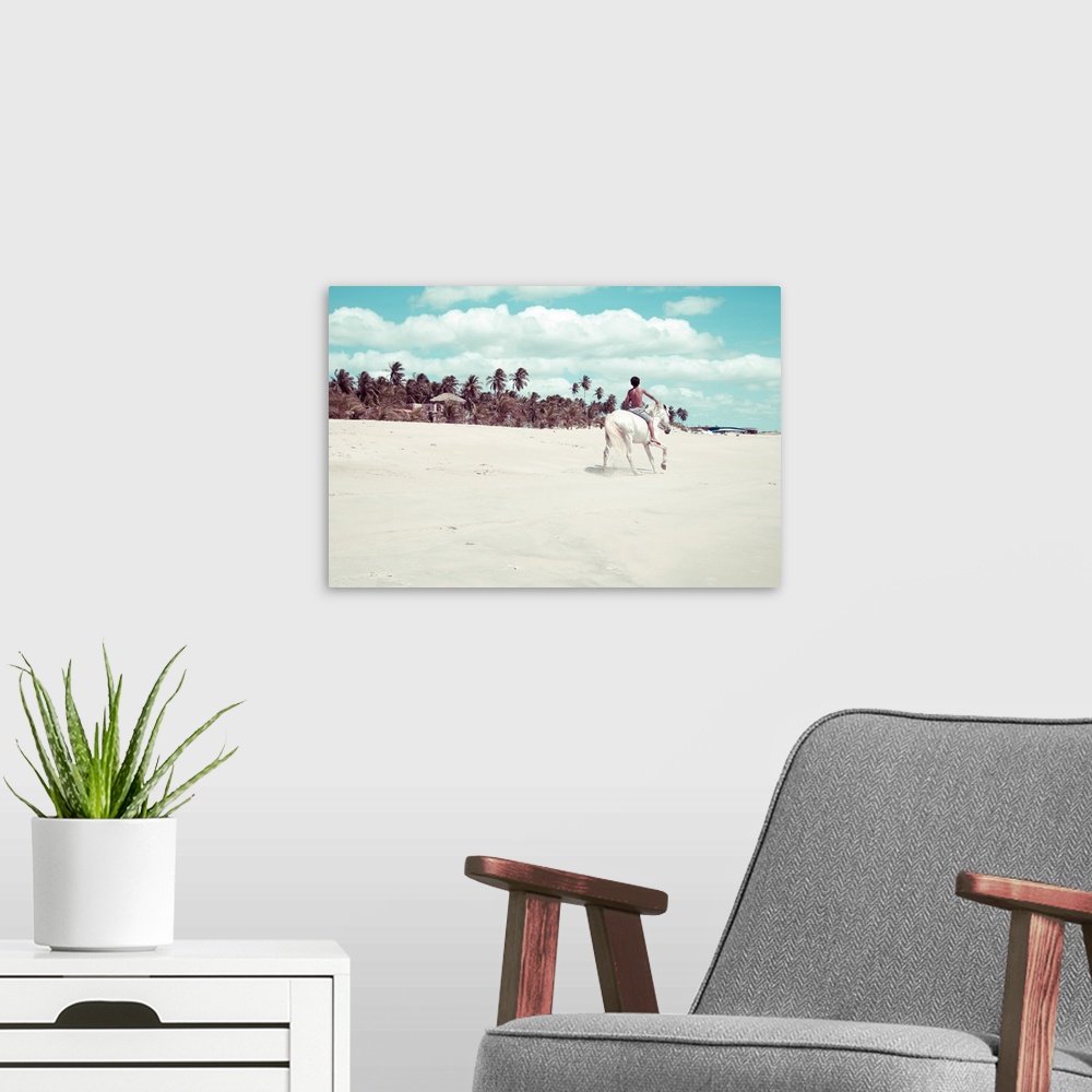 A modern room featuring Boy riding on white horse on the beach, blue sky, sand, clouds and palm trees are part of the lan...