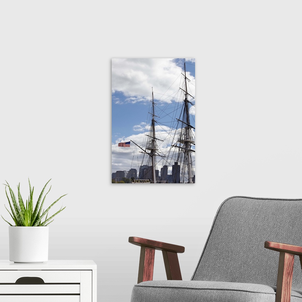 A modern room featuring SS Constitution Ships rigging in Boston Harbor