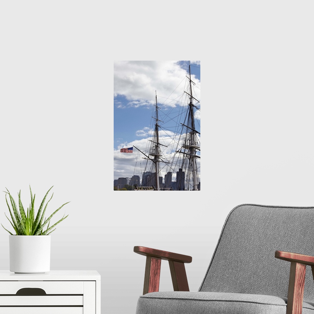 A modern room featuring SS Constitution Ships rigging in Boston Harbor