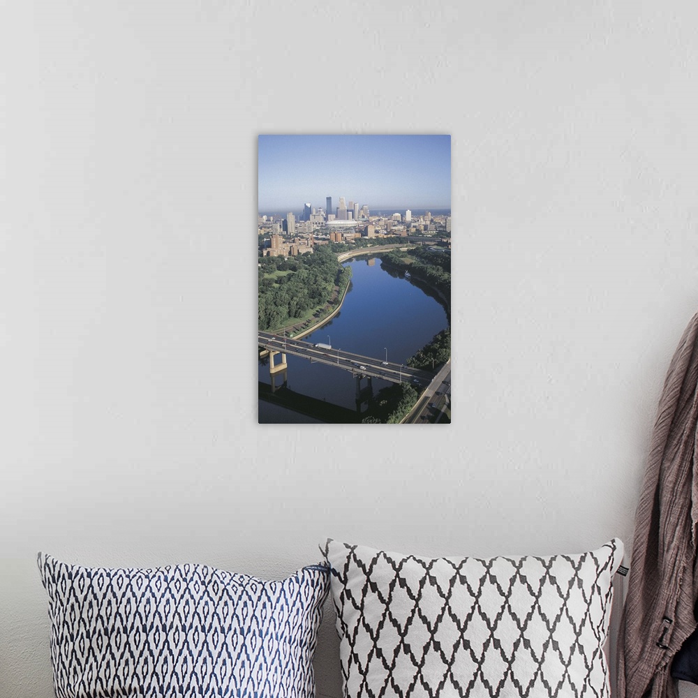 A bohemian room featuring River in front of city skyline