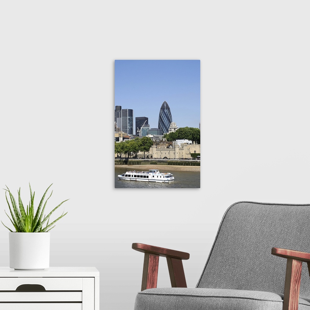 A modern room featuring River Thames and London skyline, U.K