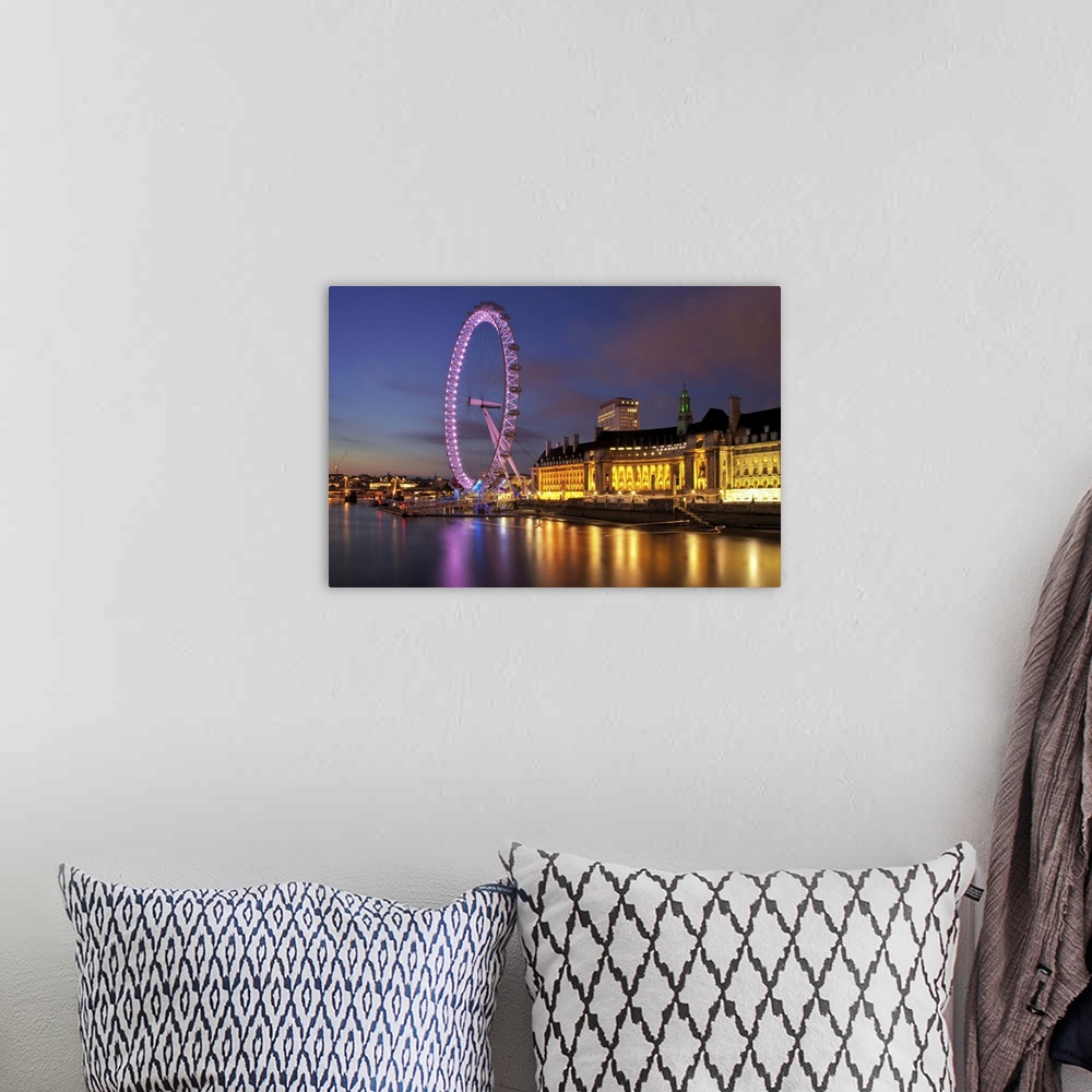 A bohemian room featuring River Thames at Westminster, towards the iconic London Eye, in the city of London.