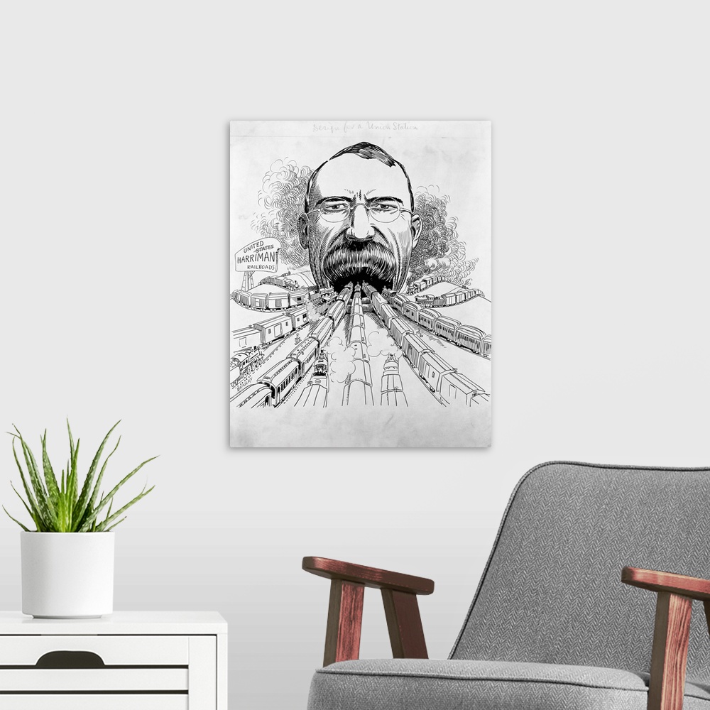 A modern room featuring Caricature of industrialist Edward H. Harriman, with the railroads of America all heading toward ...