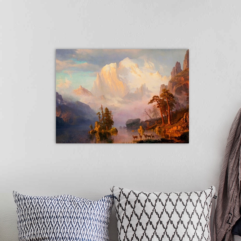 A bohemian room featuring Rocky Mountains By Albert Bierstadt