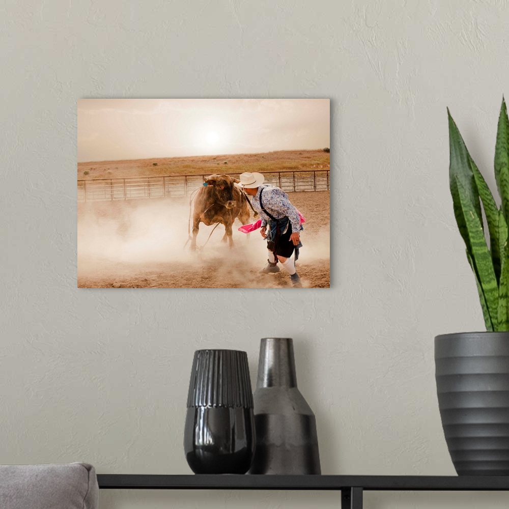 A modern room featuring Rodeo Clown Distracting A Bull, Utah