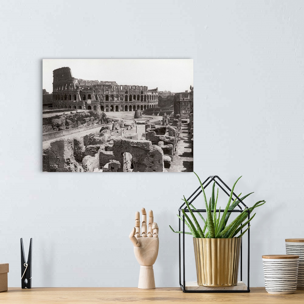 A bohemian room featuring Rome, Italy: A general view of the ruins surrounding the ancient Colosseum and the Colosseum itse...